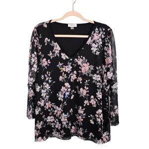 CALVIN KLEIN Women's Black 1X Floral Top Blouse Lined Sheer Sleeves V-Neck Flowy